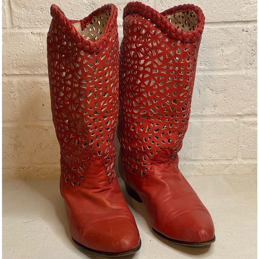 Vintage 80s Steve Fleming Western Red Mid Calf Boots Perforated Cut Out Boho.